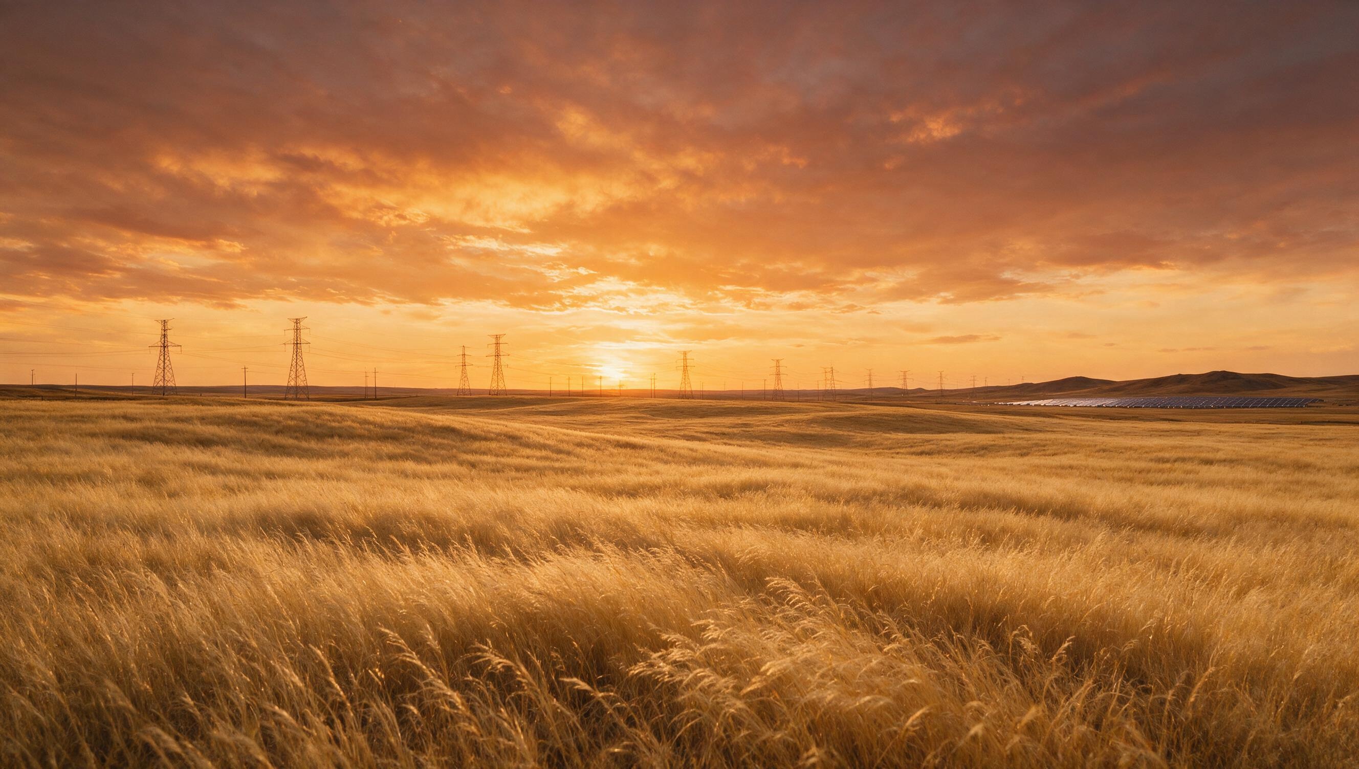 Alberta prairie at sunset with transmission infrastructure