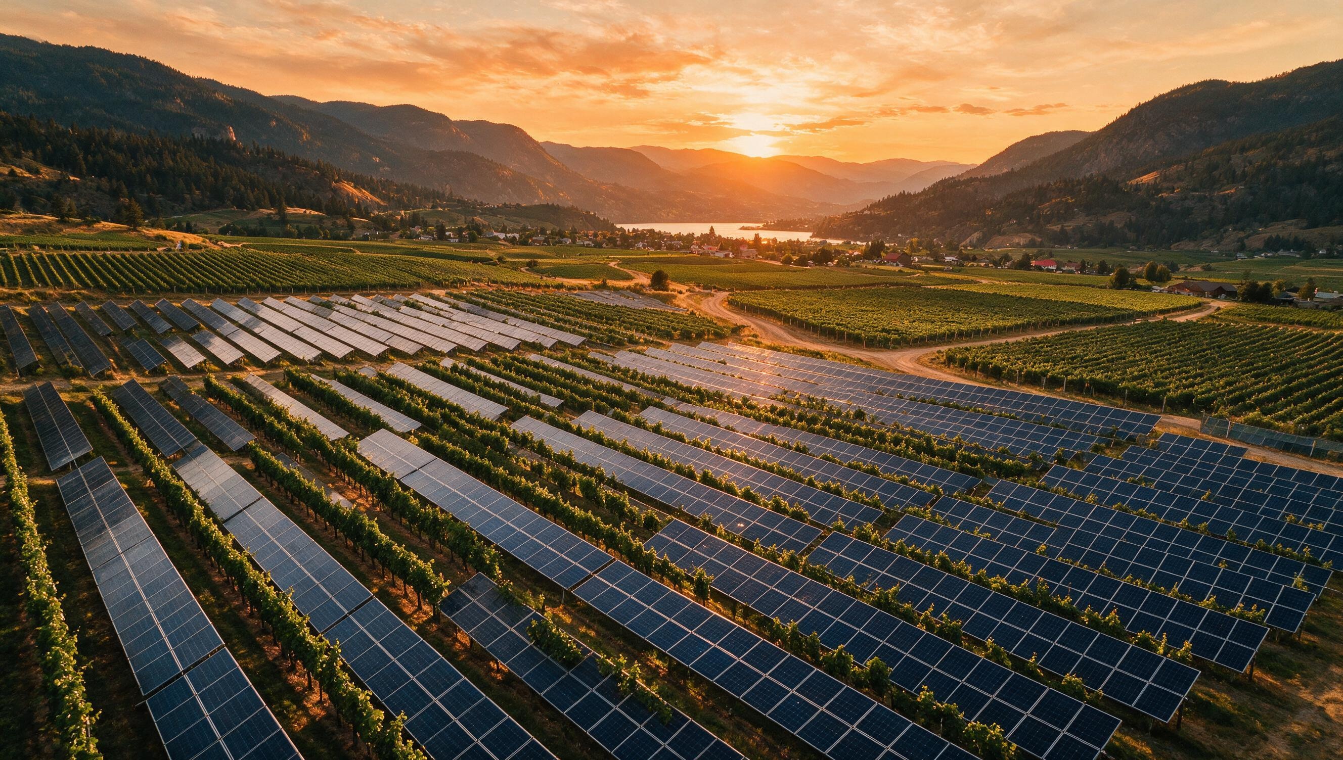 Double Barrel agrivoltaic solar over Okanagan vineyard at sunset
