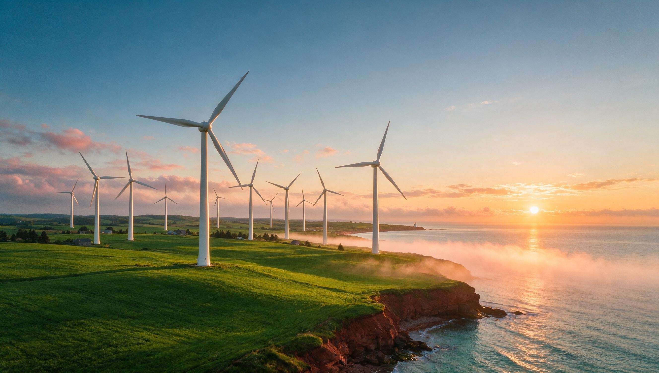 Wind turbines on the Prince Edward Island coast at sunrise