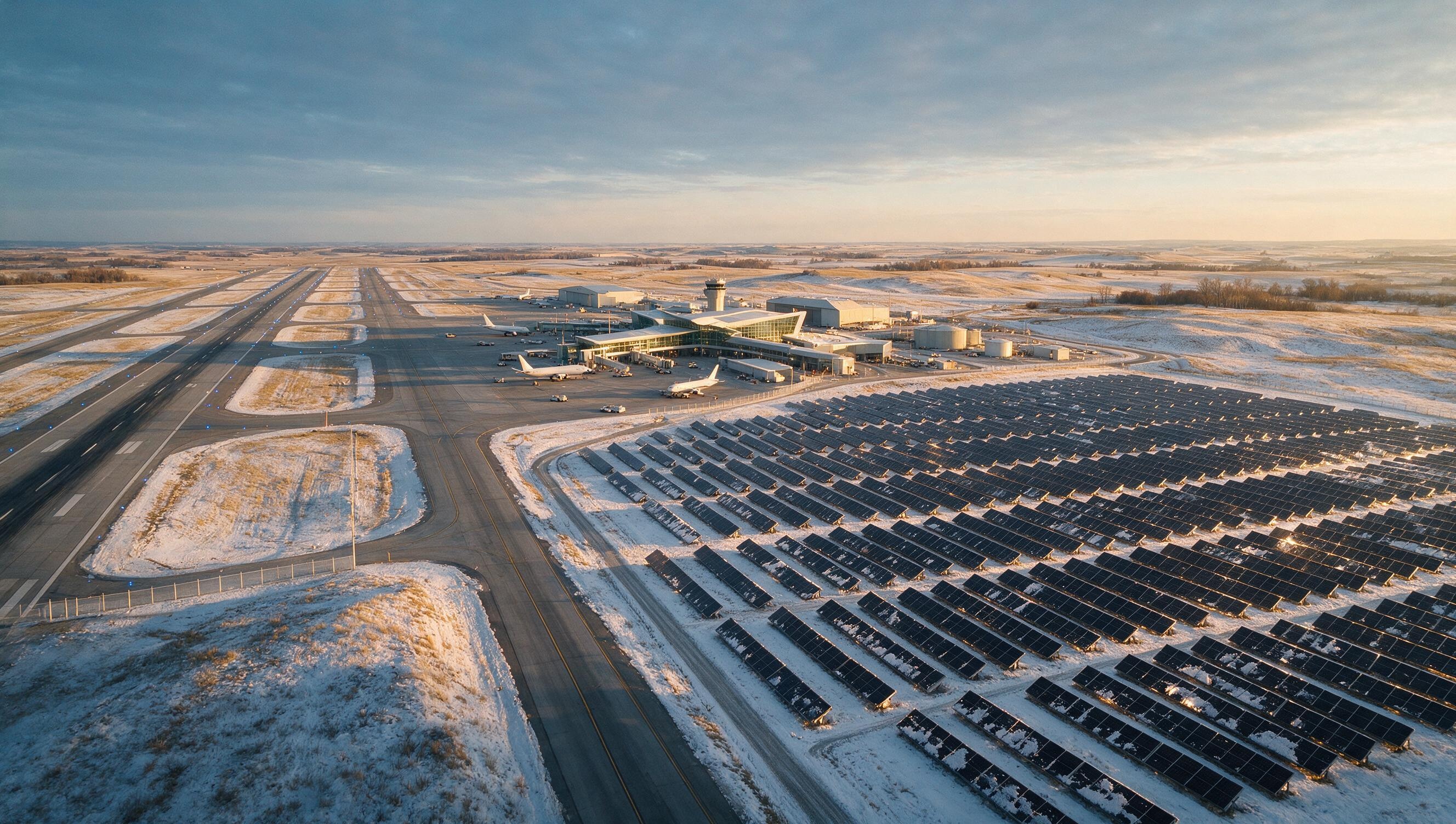 Edmonton International Airport with adjacent solar array at golden hour